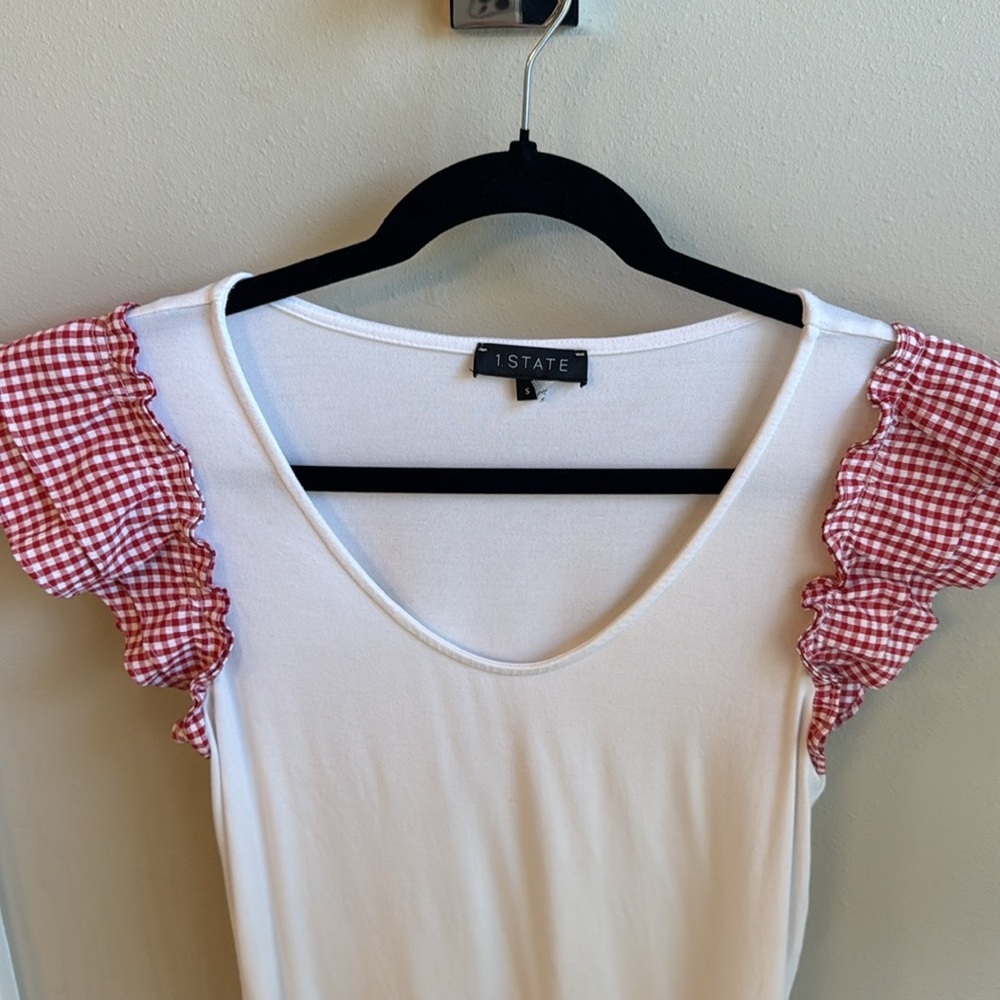 1. State White Scoop Neck Top with Red Gingham Ruffle Sleeves - Picture 2 of 6